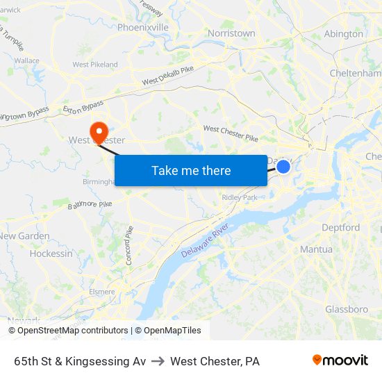 65th St & Kingsessing Av to West Chester, PA map