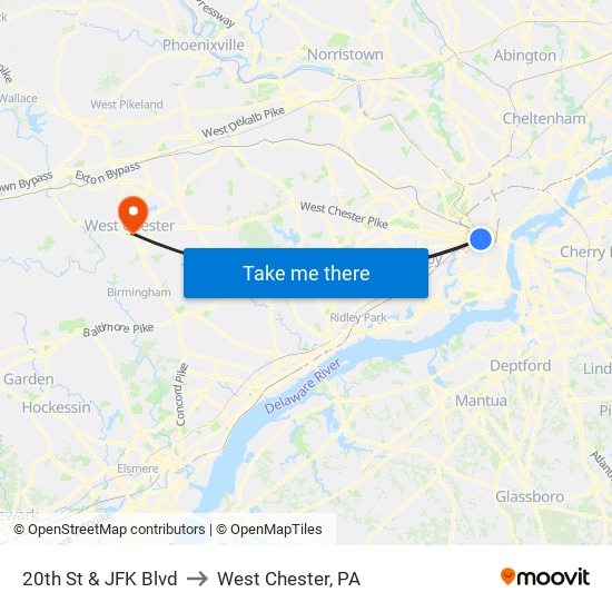 20th St & JFK Blvd to West Chester, PA map