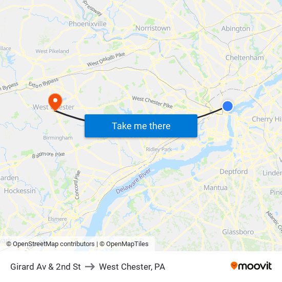 Girard Av & 2nd St to West Chester, PA map
