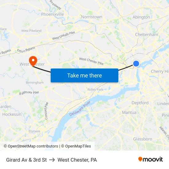 Girard Av & 3rd St to West Chester, PA map