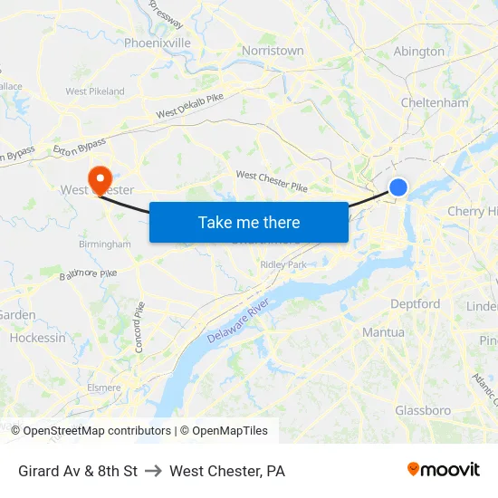 Girard Av & 8th St to West Chester, PA map