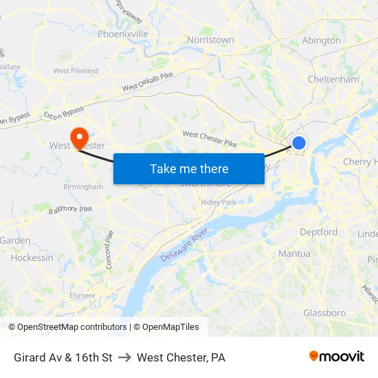 Girard Av & 16th St to West Chester, PA map