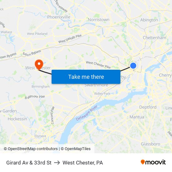 Girard Av & 33rd St to West Chester, PA map