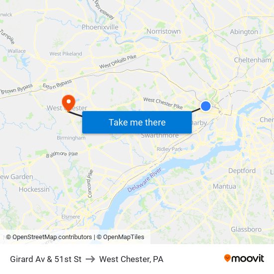 Girard Av & 51st St to West Chester, PA map