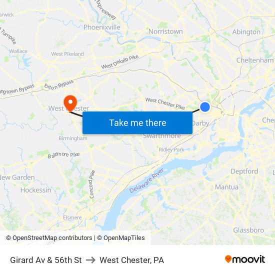Girard Av & 56th St to West Chester, PA map