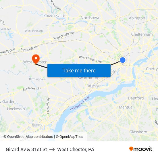 Girard Av & 31st St to West Chester, PA map