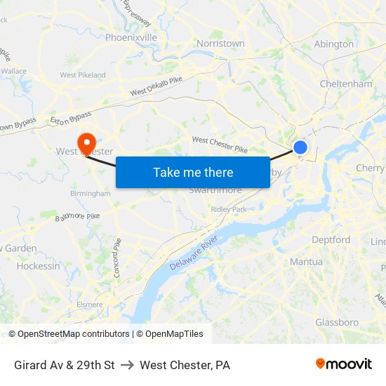 Girard Av & 29th St to West Chester, PA map