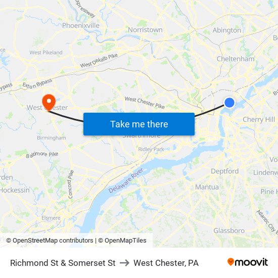 Richmond St & Somerset St to West Chester, PA map