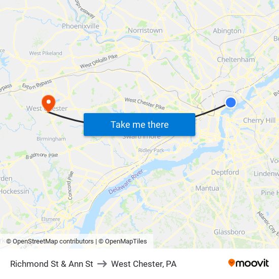 Richmond St & Ann St to West Chester, PA map