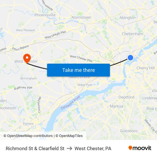 Richmond St & Clearfield St to West Chester, PA map