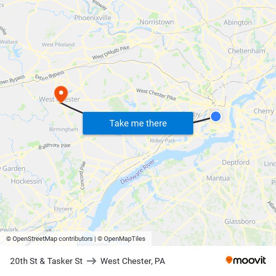 20th St & Tasker St to West Chester, PA map