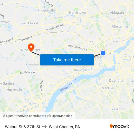 Walnut St & 37th St to West Chester, PA map