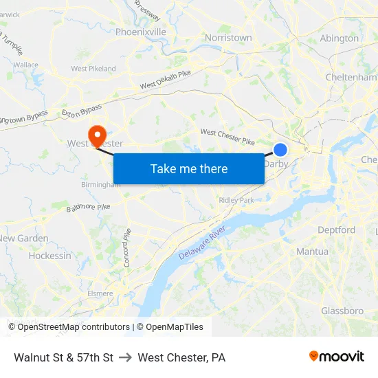 Walnut St & 57th St to West Chester, PA map