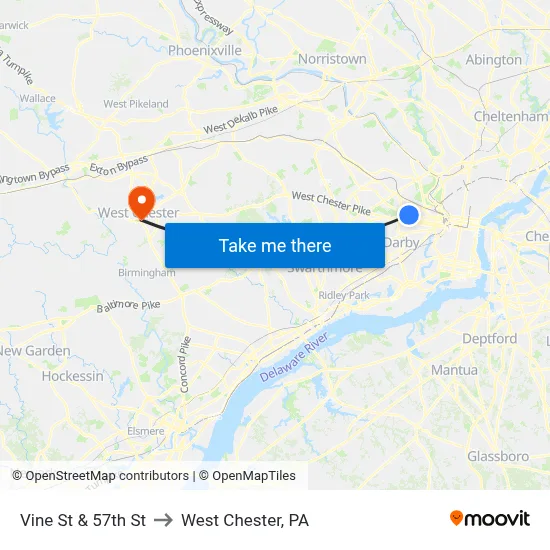 Vine St & 57th St to West Chester, PA map