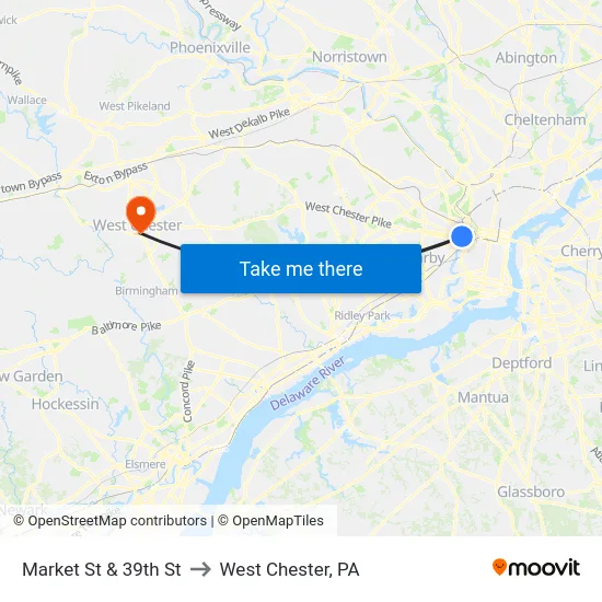 Market St & 39th St to West Chester, PA map