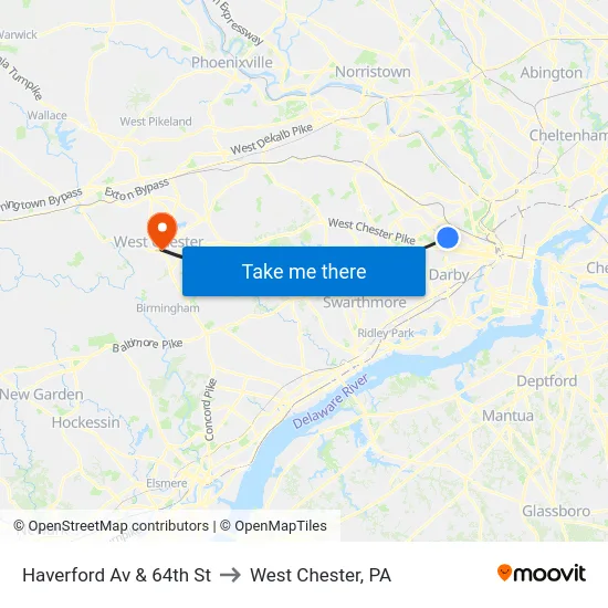Haverford Av & 64th St to West Chester, PA map
