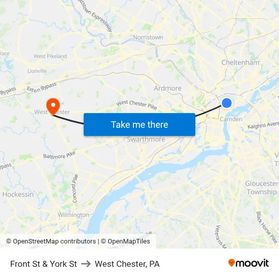 Front St & York St to West Chester, PA map