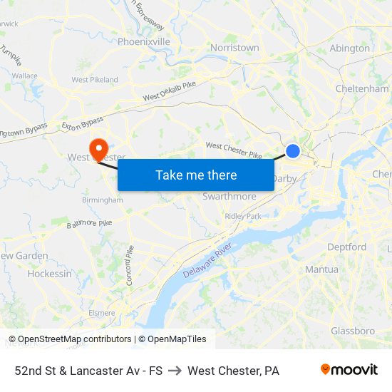 52nd St & Lancaster Av - FS to West Chester, PA map
