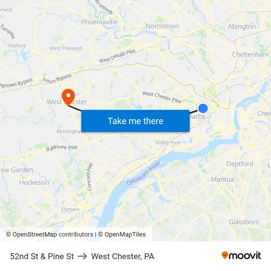 52nd St & Pine St to West Chester, PA map