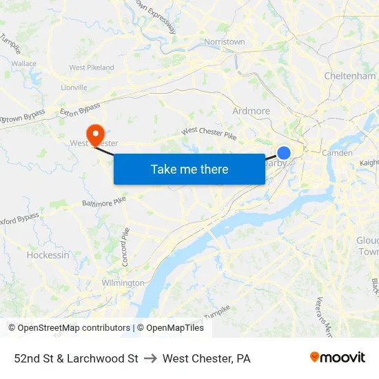 52nd St & Larchwood St to West Chester, PA map