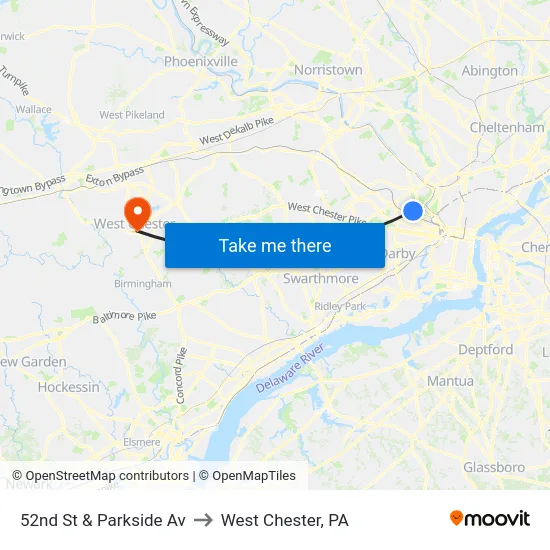 52nd St & Parkside Av to West Chester, PA map