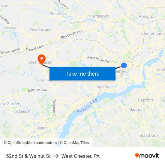 52nd St & Walnut St to West Chester, PA map