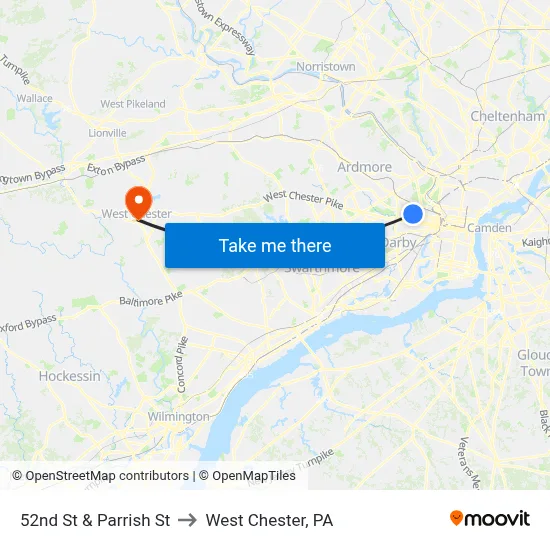 52nd St & Parrish St to West Chester, PA map