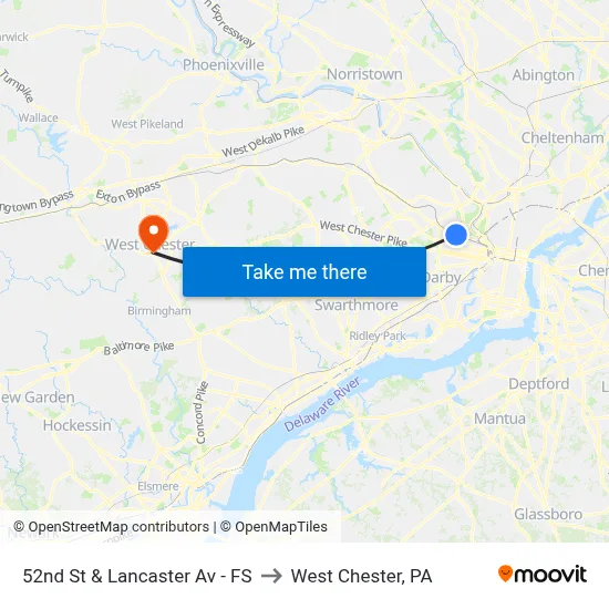 52nd St & Lancaster Av - FS to West Chester, PA map