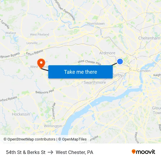 54th St & Berks St to West Chester, PA map
