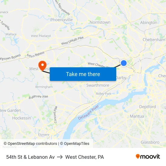 54th St & Lebanon Av to West Chester, PA map