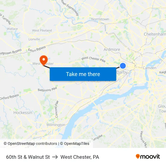 60th St & Walnut St to West Chester, PA map