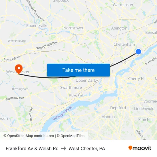 Frankford Av & Welsh Rd to West Chester, PA map