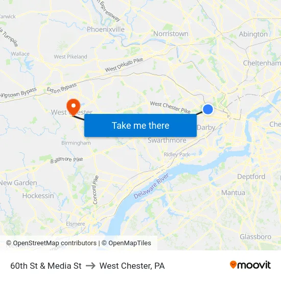 60th St & Media St to West Chester, PA map