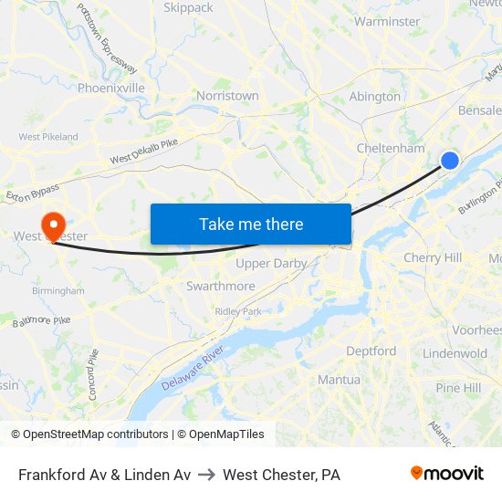 Frankford Av & Linden Av to West Chester, PA map