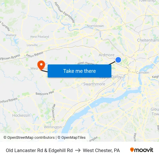 Old Lancaster Rd & Edgehill Rd to West Chester, PA map