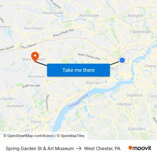 Spring Garden St & Art Museum to West Chester, PA map