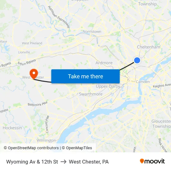 Wyoming Av & 12th St to West Chester, PA map