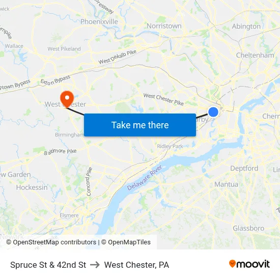 Spruce St & 42nd St to West Chester, PA map