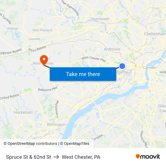 Spruce St & 62nd St to West Chester, PA map