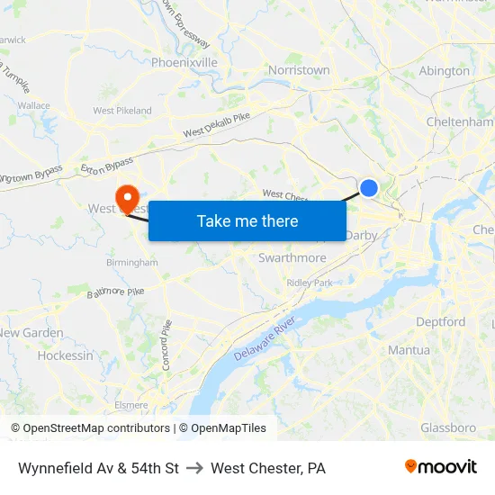Wynnefield Av & 54th St to West Chester, PA map