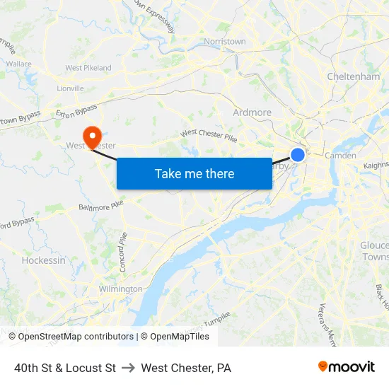 40th St & Locust St to West Chester, PA map