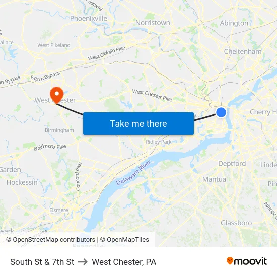 South St & 7th St to West Chester, PA map
