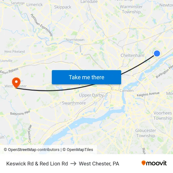 Keswick Rd & Red Lion Rd to West Chester, PA map