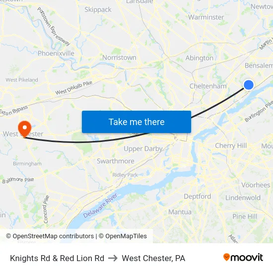 Knights Rd & Red Lion Rd to West Chester, PA map