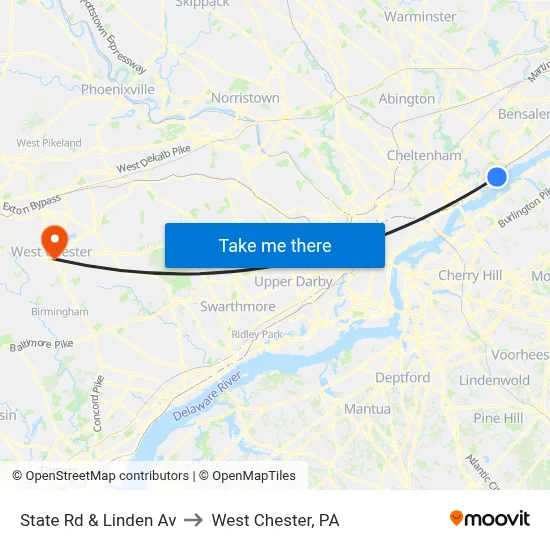 State Rd & Linden Av to West Chester, PA map