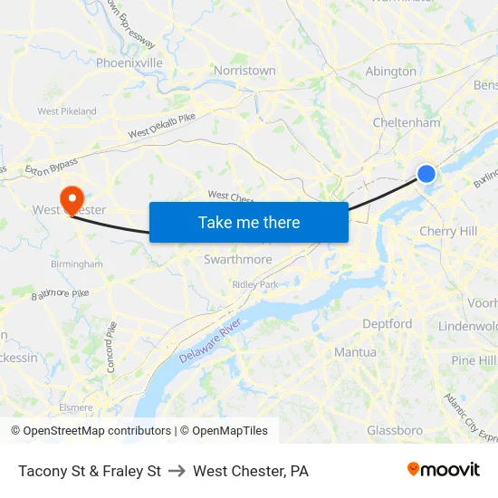 Tacony St & Fraley St to West Chester, PA map