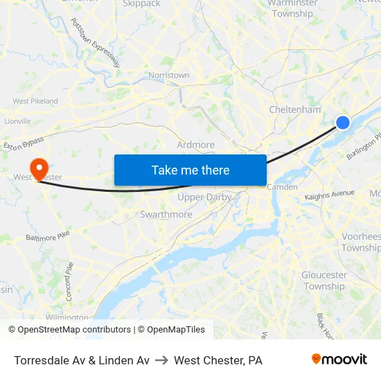 Torresdale Av & Linden Av to West Chester, PA map