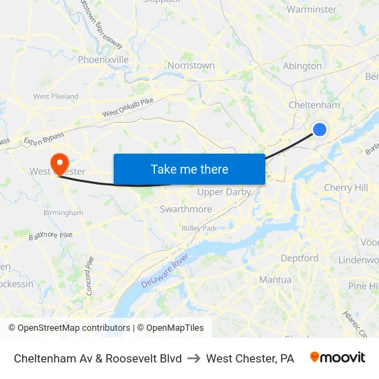 Cheltenham Av & Roosevelt Blvd to West Chester, PA map