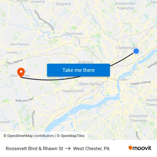 Roosevelt Blvd & Rhawn St to West Chester, PA map