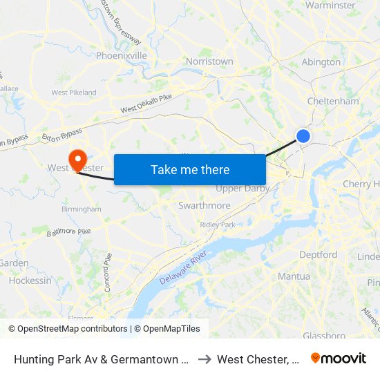 Hunting Park Av & Germantown Av to West Chester, PA map